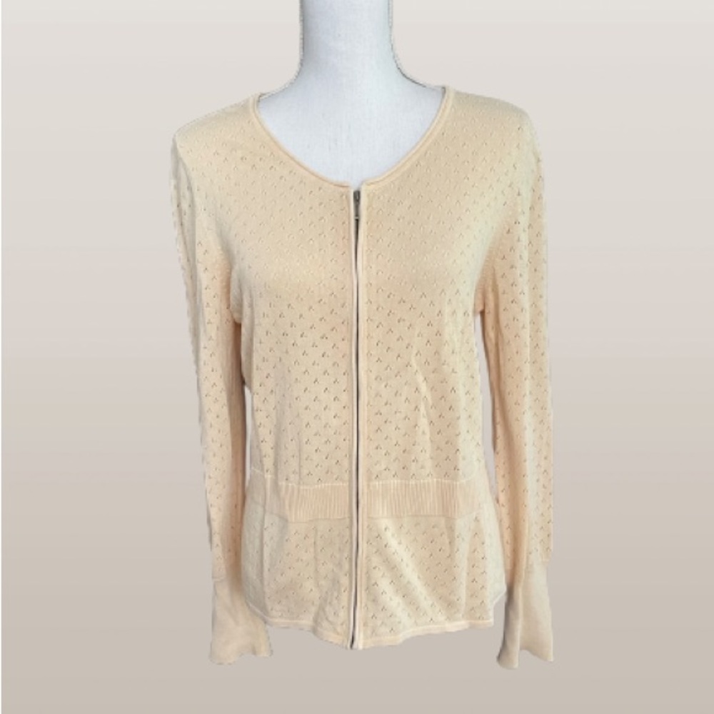 Vintage sweater, zipper front pale yellow with design, cotton size M